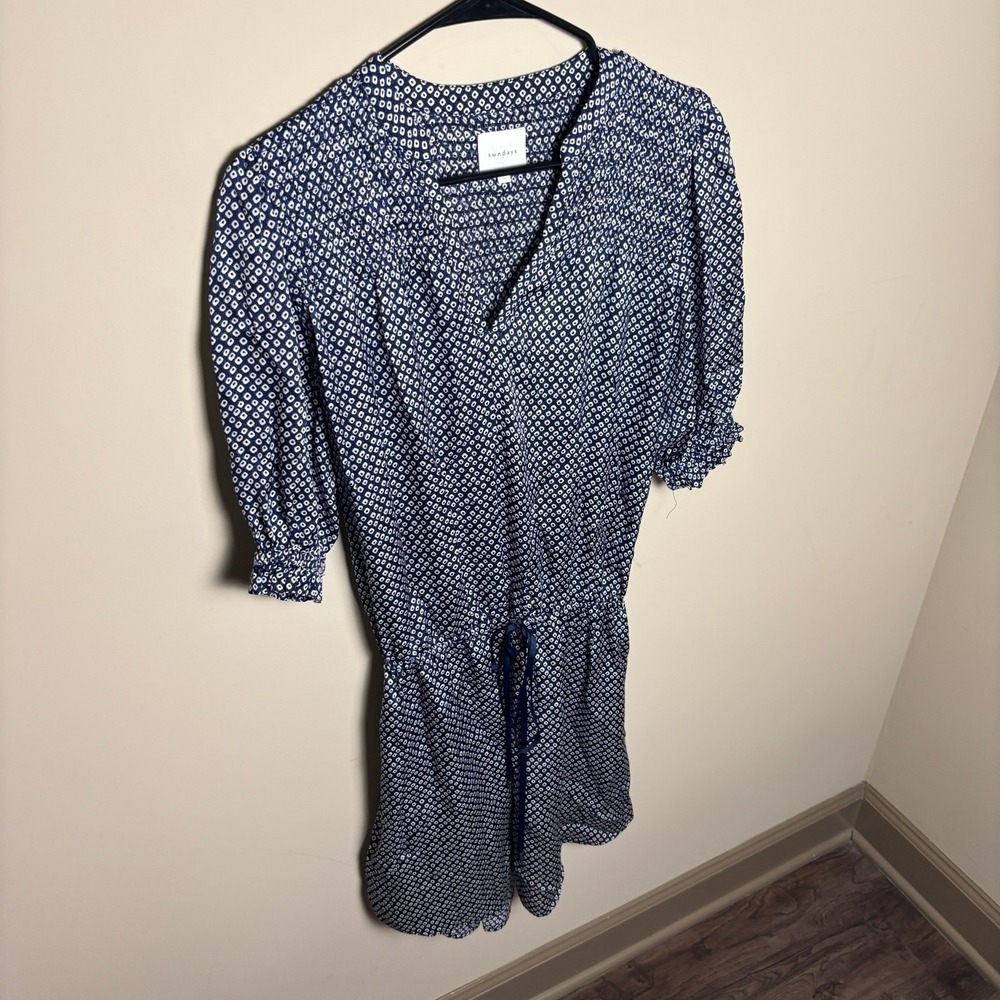 Sundays Blue Geometric Vneck Drawstring Waist Elastic Puff Sleeve Dress Womens 1 - Picture 2 of 8